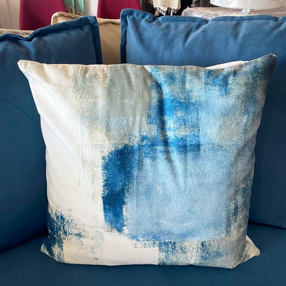 NEW Blue and White Abstract Throw Pillow Soft Velvet Like Print